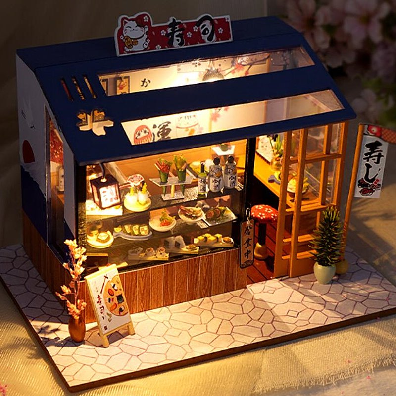 DIY 3D Miniature Sushi House Kit - Japanese Craft with LED Light