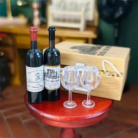 1/12 Scale Miniature Wine Bottle & Stemmed Glass Set Dollhouse Decor
