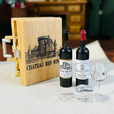 1/12 Scale Miniature Wine Bottle & Stemmed Glass Set Dollhouse Decor