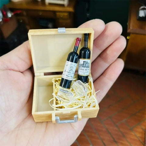 1/12 Scale Miniature Wine Bottle & Stemmed Glass Set Dollhouse Decor