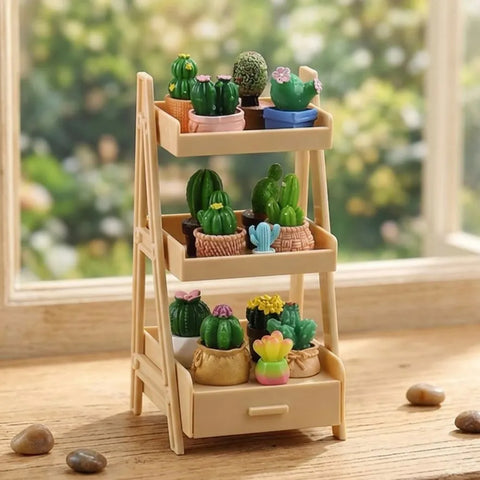 1/12 Scale Miniature Plant Stand & Potted Cactus Set