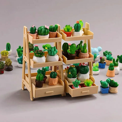 1/12 Scale Miniature Plant Stand & Potted Cactus Set
