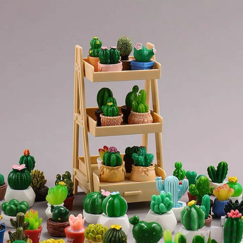 1/12 Scale Miniature Plant Stand & Potted Cactus Set