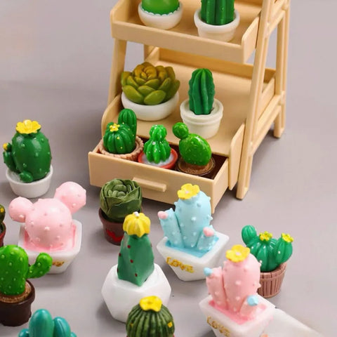 1/12 Scale Miniature Plant Stand & Potted Cactus Set