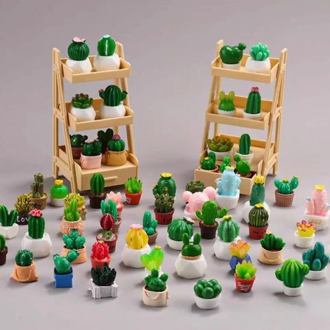 1/12 Scale Miniature Plant Stand & Potted Cactus Set