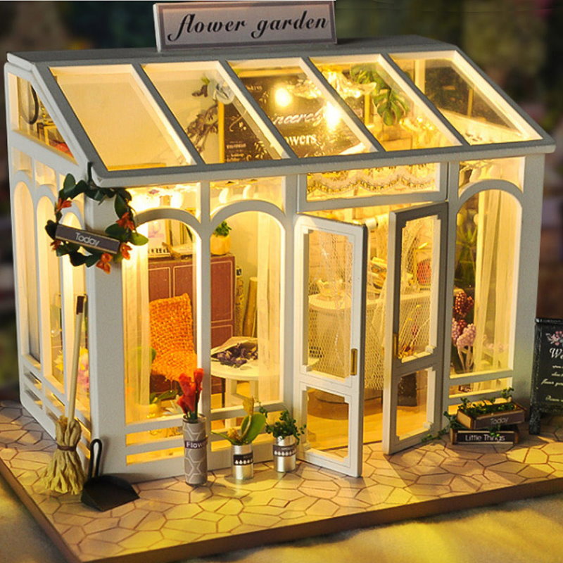 DIY 3D Wooden Miniature Flower House Kit with LED Light