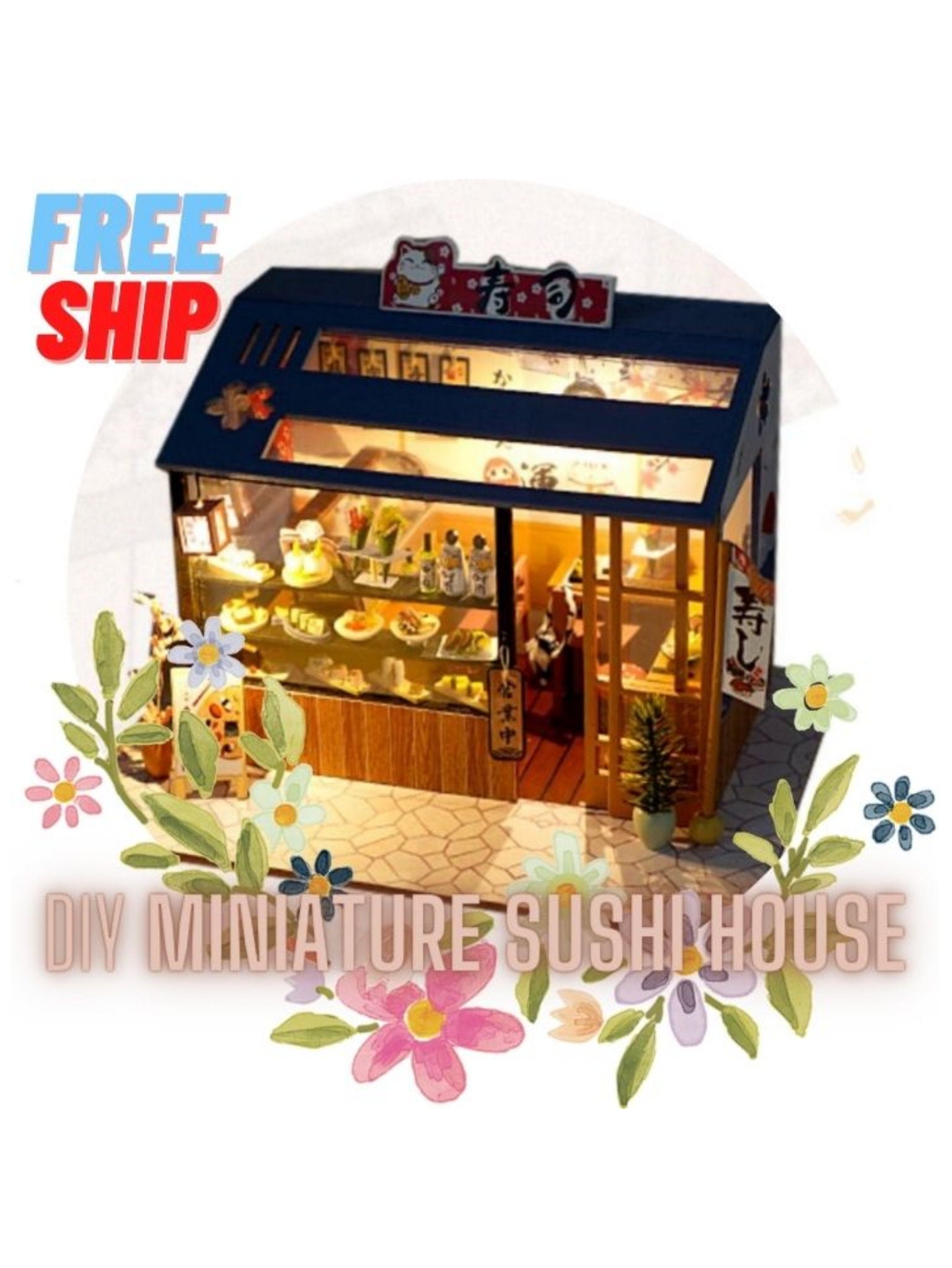 DIY 3D Miniature Sushi House Kit - Japanese Craft with LED Light