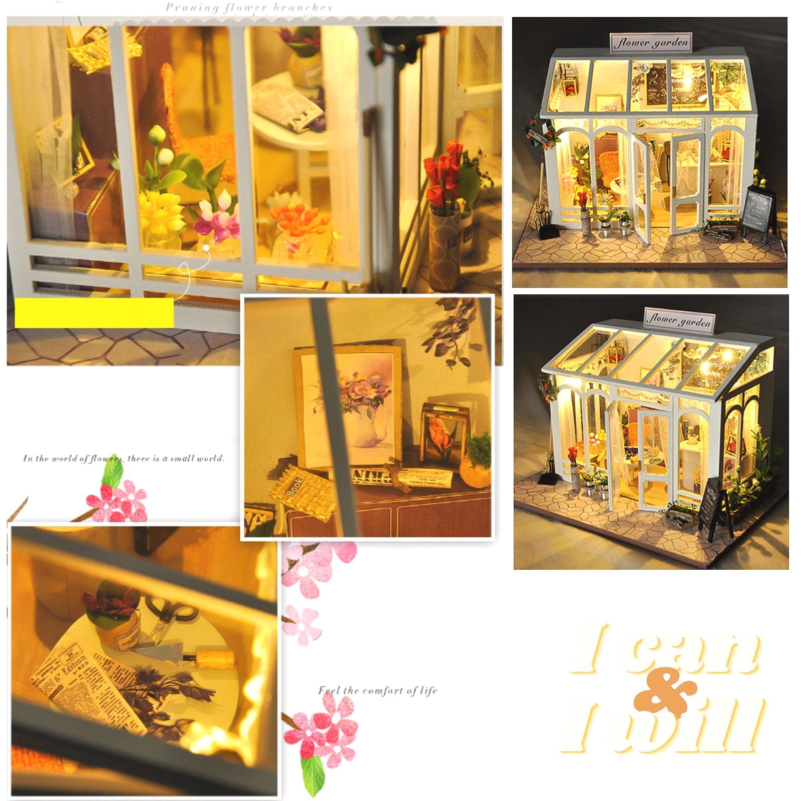 DIY 3D Wooden Miniature Flower House Kit with LED Light