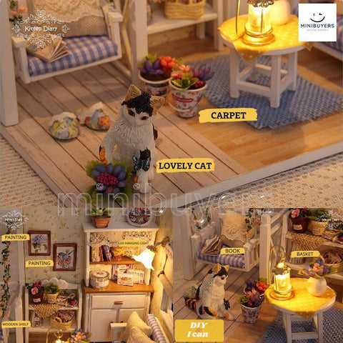 DIY 3D Miniature Kitten Diary Dollhouse Kit with LED Light